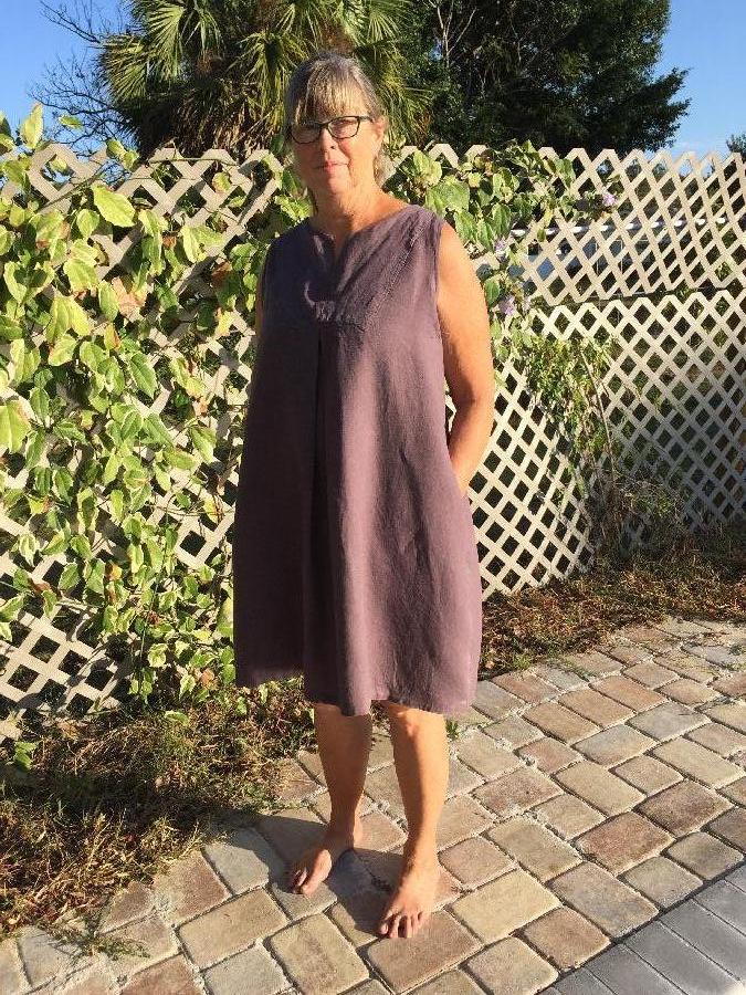 Deborah, Bib dress with front pleat, medium weight linen