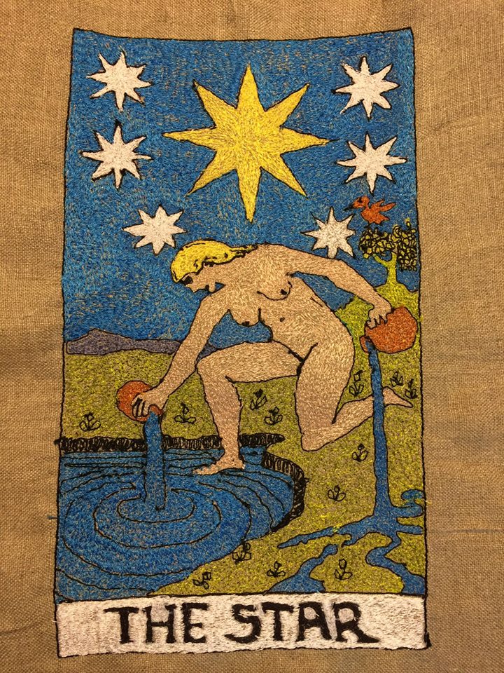 Karen, The Tarot Star is free-motion machine embroidered onto a FS natural linen.  It will be appliqued ont...