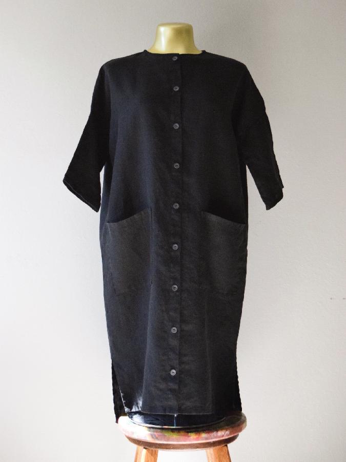 Randee, Button-up dress / jacket made with medium weight black linen + slate gray buttons. 
www.etsy.com/sh...
