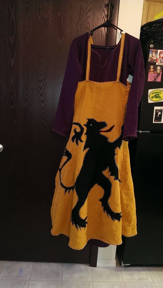 Angela, 100% linen Viking dress ensemble will wool lion applique. Designed, sewn, and embroidered by myself....