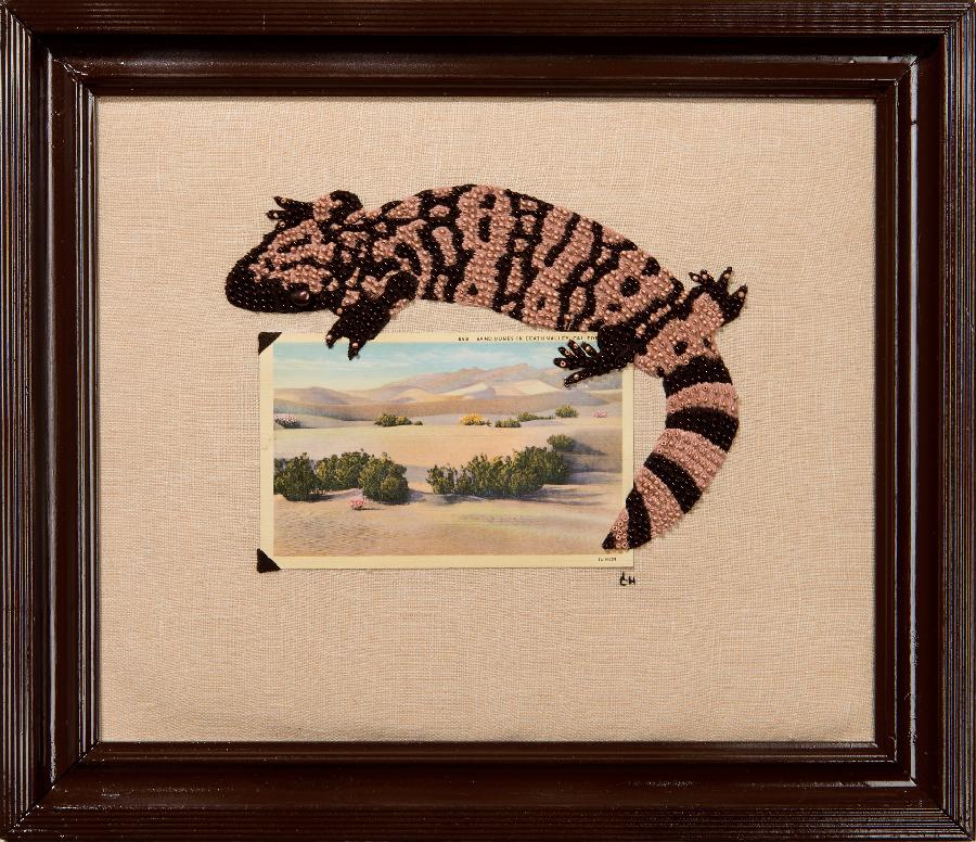 Lucia, I have combined a vintage postcard with my hand-embroidery on linen fabric.  The gila monster is com...