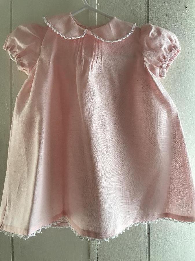  marta, Light Baby Pink Dress With Shirred Sleeves. White Tatting On Peter Pan Collar And Hem. Forceps On Fr...