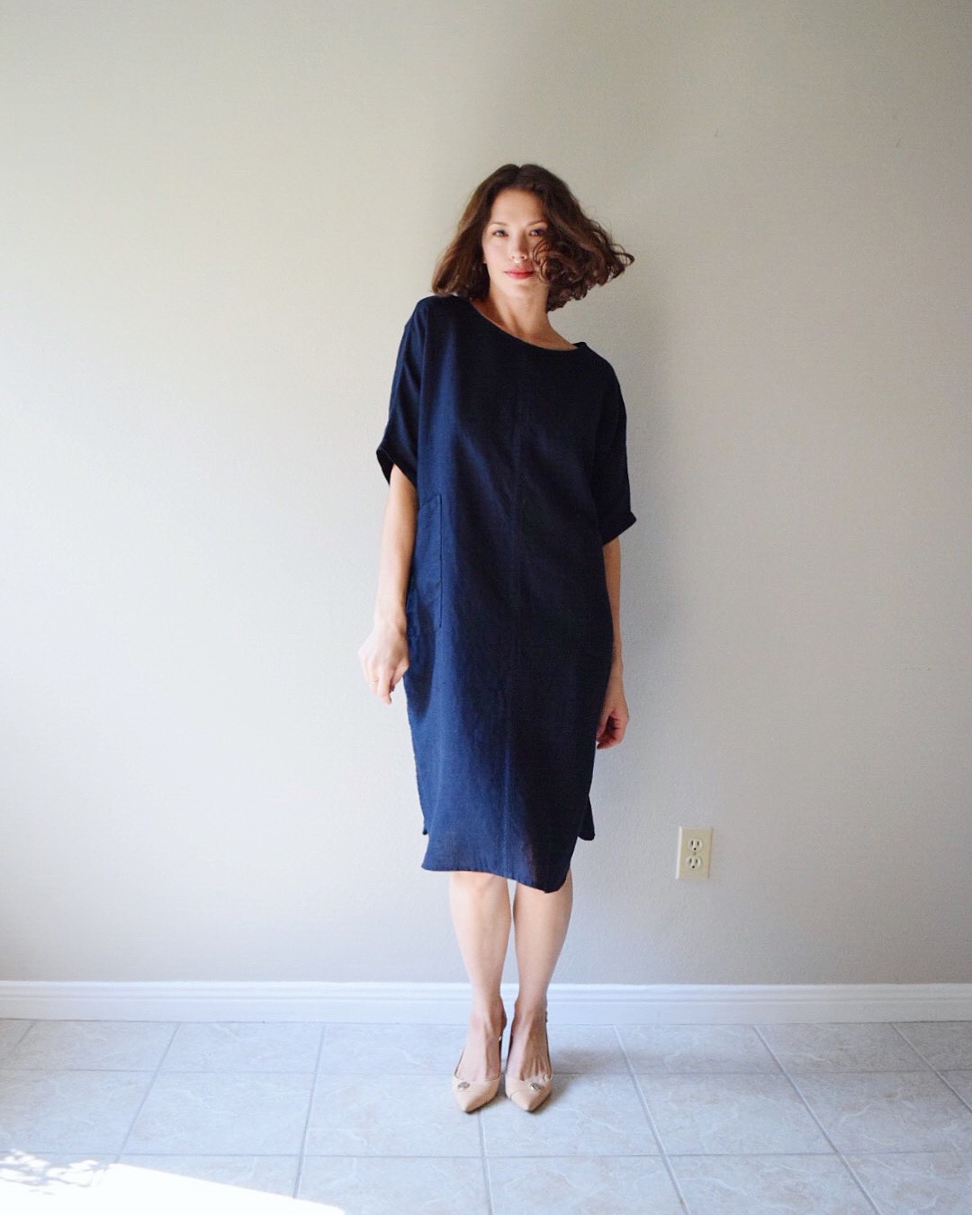 Randee, Shirt dress with center seam, rounded hem and oversized pockets - made with medium weight Dress Blue...