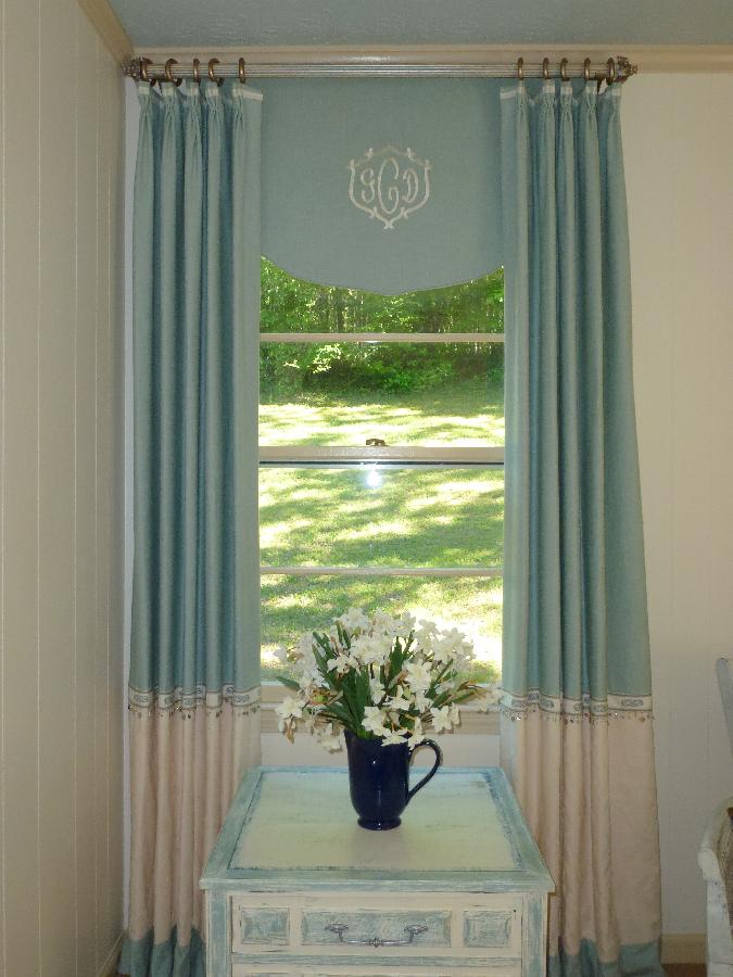 Donna, The window treatments for this room were made in a color blocked style with a washed linen for the p...