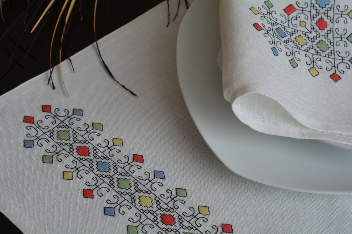 Ralita, I made this Table Runner - napkin - Placemat set from IL019 BLEACHED 100% Linen.
All the embroideri...