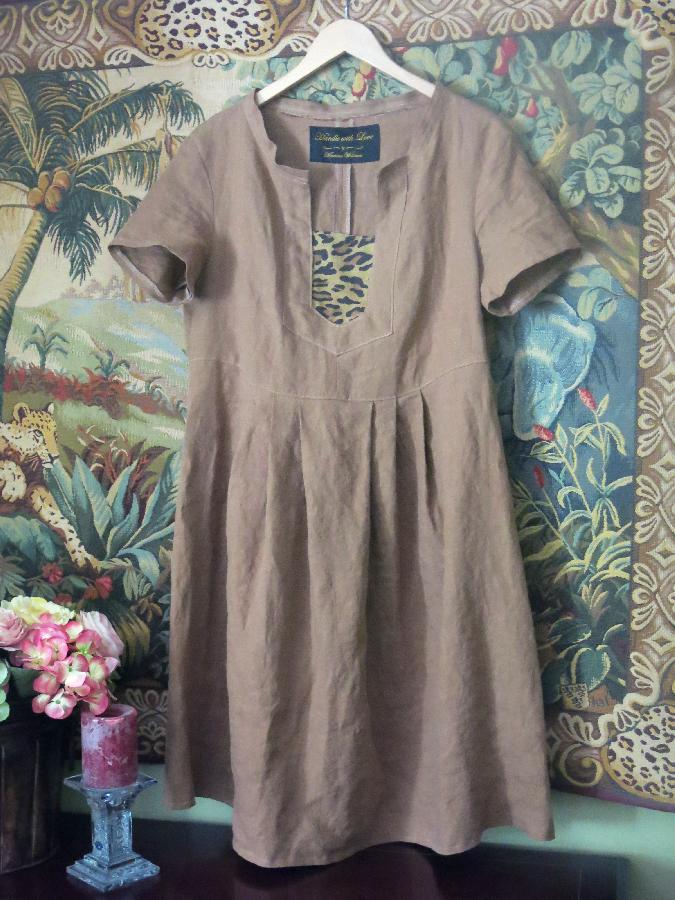 Martina,  Ginger Linen Dress with Leopard cotton inset