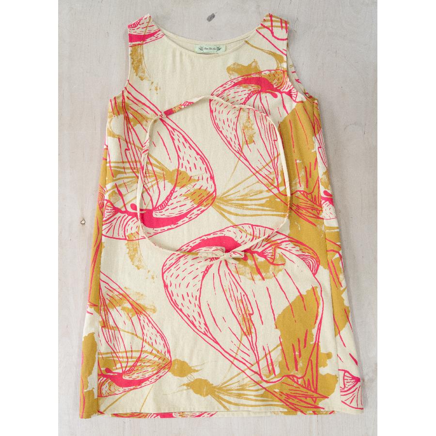 Karin, Linen hand dyed with marigolds.  Silkscreened by hand with pink coconuts and mustard beets.