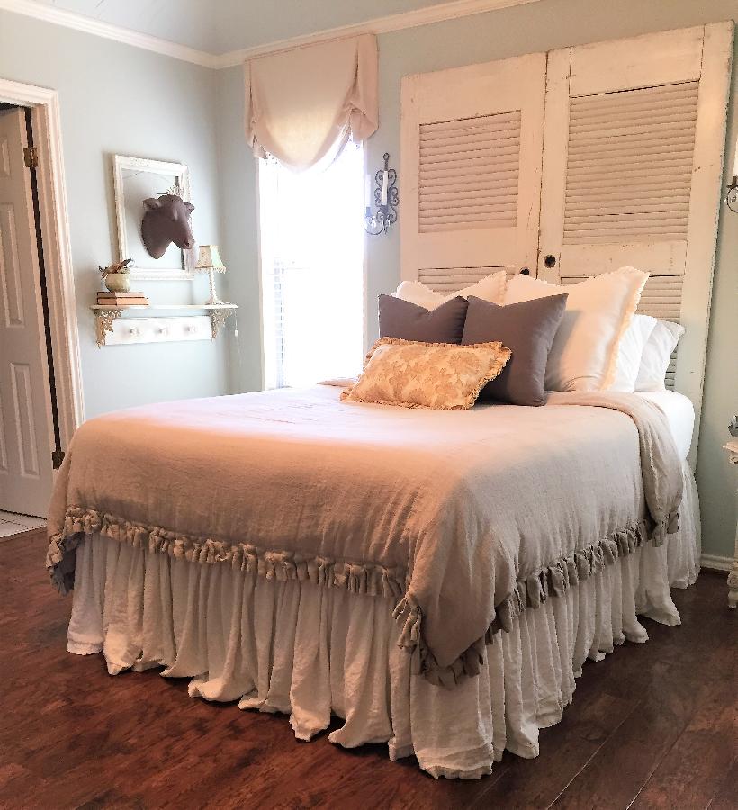 Jill, My queen duvet cover with pleated detail is made from 4C22 in Natural.  The bedskirt is from Bleache...
