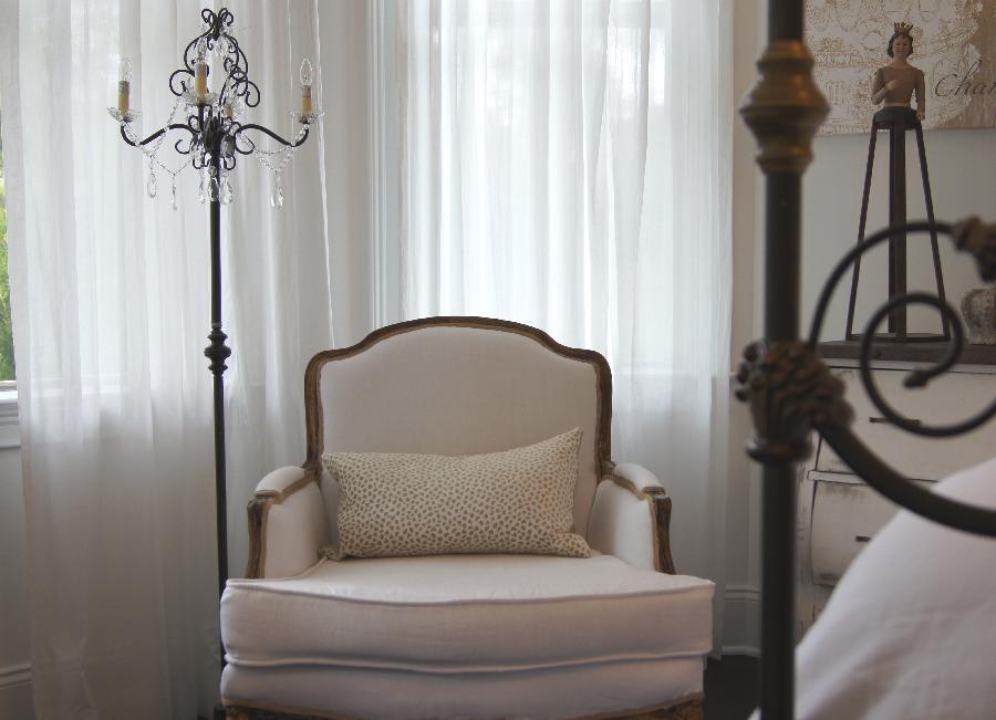 Andrea, Vintage Chair recovered in white linen fabric  for bedroom with white linen bedding.