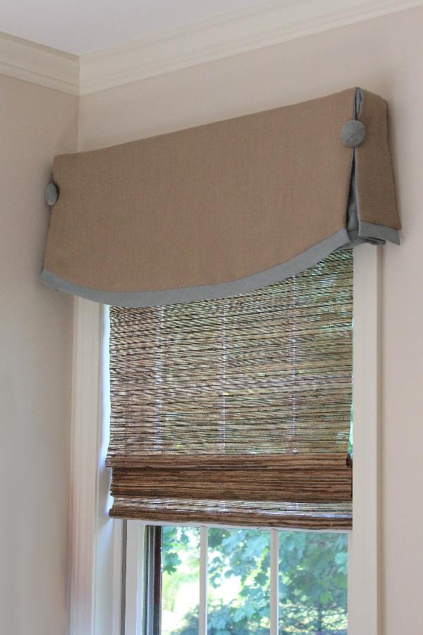 Sharon, This is the side window in the same office...natural linen with blue linen band, velvet buttons, and...