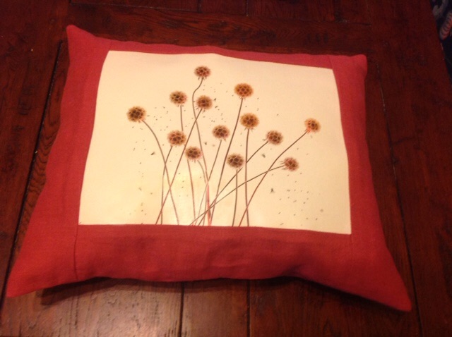 Nancy, I made this pillow with Fabrics Stores Cardinal linen. I used a photograph of Scabiosa, a seed pod,...