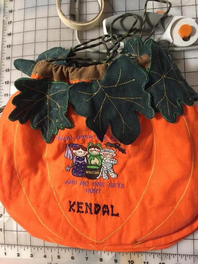 Theresa, Trick or Treat pumpkin bag,   embroidered Halloween design  made with orange pixie.emerald green, an...