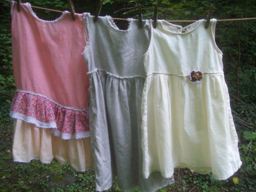 Vickie, Three little girls dresses, size 4, made with. from right to left, Krista natural, 019,  with a tedd...