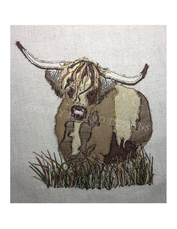 Helen, HIGHLAND COW - raw edge applique designed and stitched by myself using doggie bag linen pieces