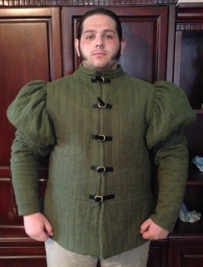 Nanci, 15th Century Padded Arming Jack with Balloon Top Sleeves, hand tooled leather closures and period co...