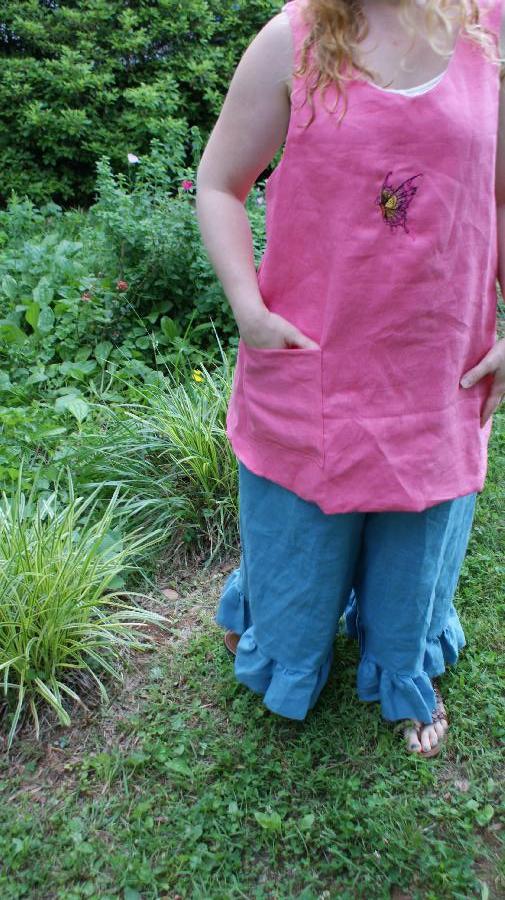 Rebecca, linen ruffle pants and embroidered butterfly apron
