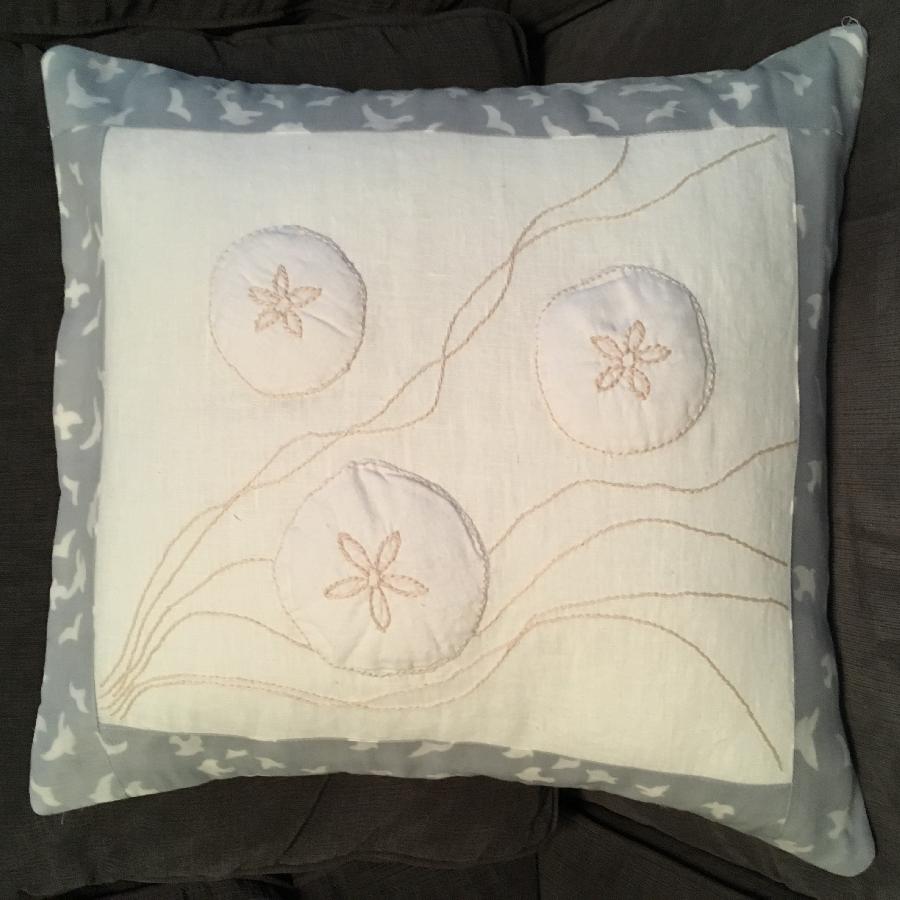 Karin, Sandollars, missing the ocean. Linen IL030, love the texture, so easy to embroider. The sand dollars...