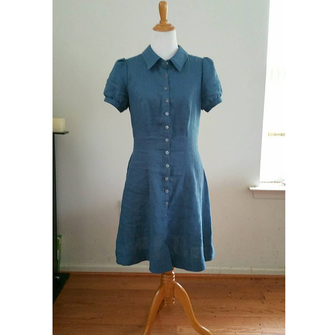 Simone, Classic silhouette shirt dress in IL 019 colorway Blue Bonnet with vintage shell buttons