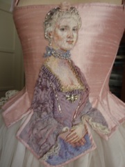 Holly, Marie Antoinette portrait hand embroidered in silk thread on silk Shantung corset bodice.