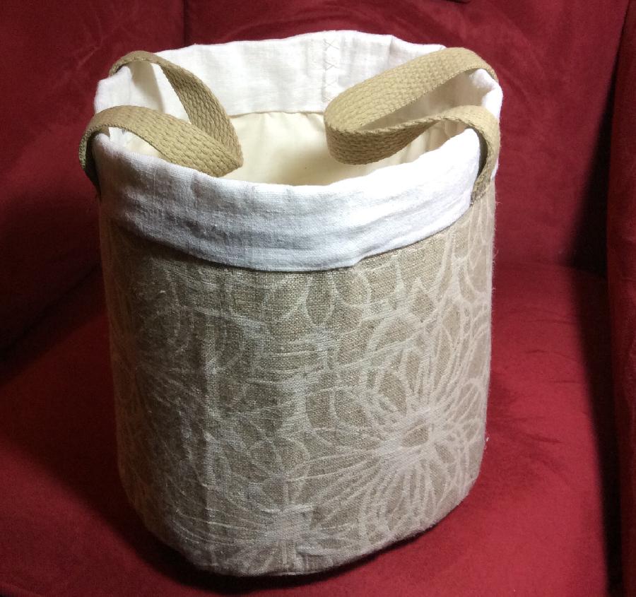 Barbara, Linen buckets for bathroom towels, soaps and guest items.  The jacquard linen used on the main body...