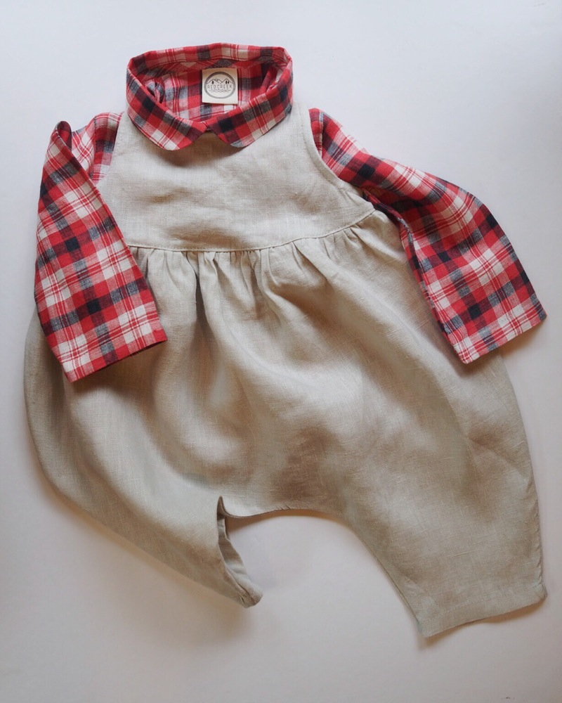 Katie, Gathered harem style kids romper. Plaid Peter Pan collar simple button up shirt. 