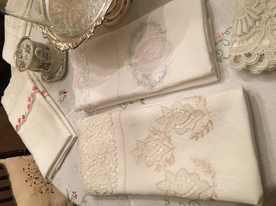 Mary, Hand embroidered using Belgium lace pillowcases
Drawn handwork. Using beautiful bleached softened li...