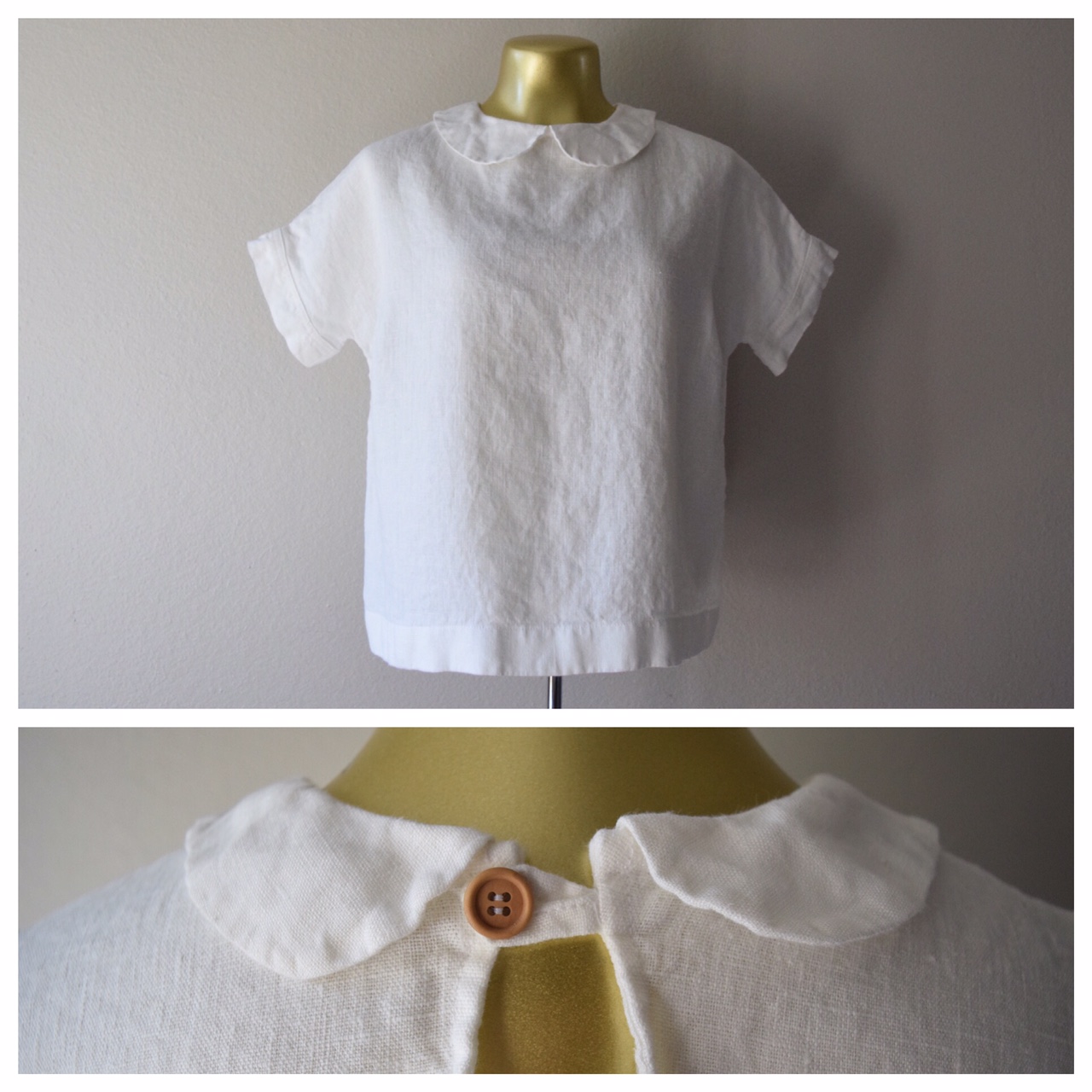 Randee, Top made w bleached heavy weight - cuffs + collar made w medium weight to reduce bulk. Bust darts an...