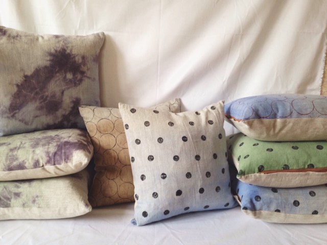 Cara, I Hand Paint my linen pillows using mineral pigments and Hand Sew all my Pillows and bags. 