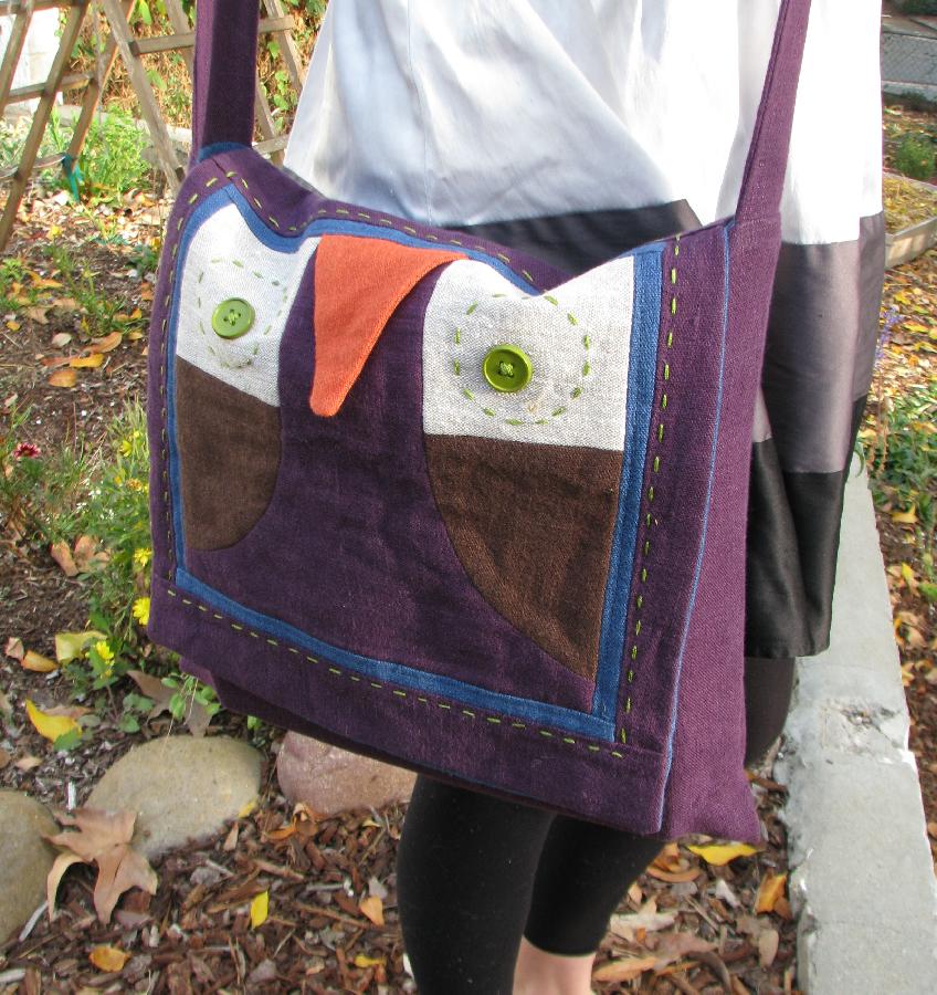 Lorraine, Owl Messenger Bag - Made with 100% linen (8-oz canvas weight) in royal purple, patriot blue, chocola...