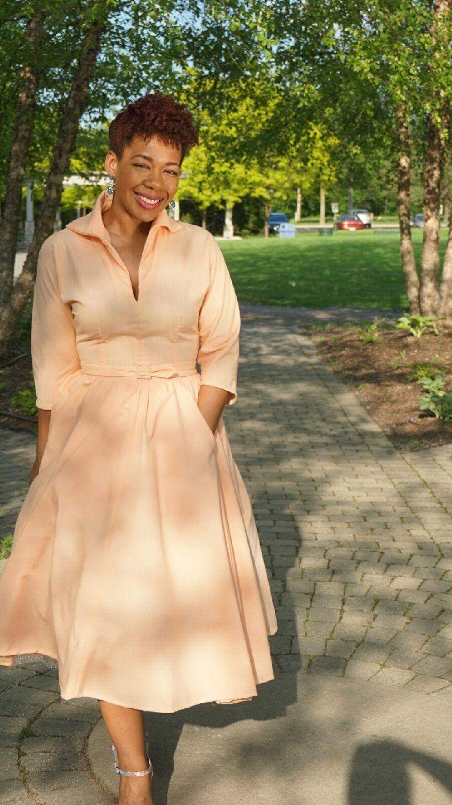 Lesley, 1950s peach linen dress. 