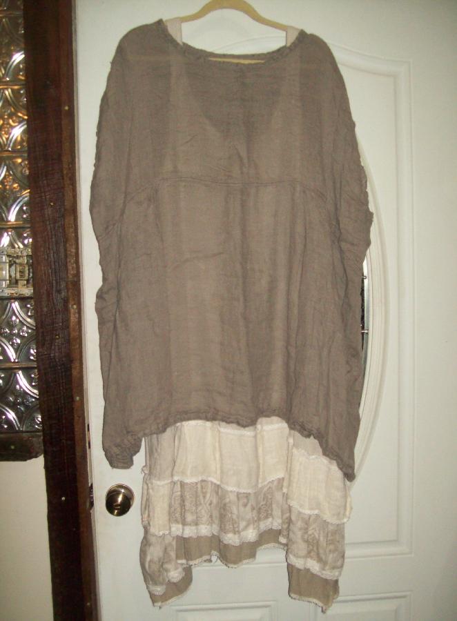 Vickie, Slip dress with lots of ruffles, different types of linen, and over shirt made from open weave linen