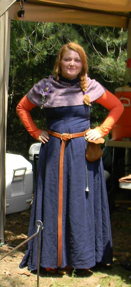 Kathryn, 100% linen kirtle (orange), surcoat (blue), and reversible hood (purple), circa 1400