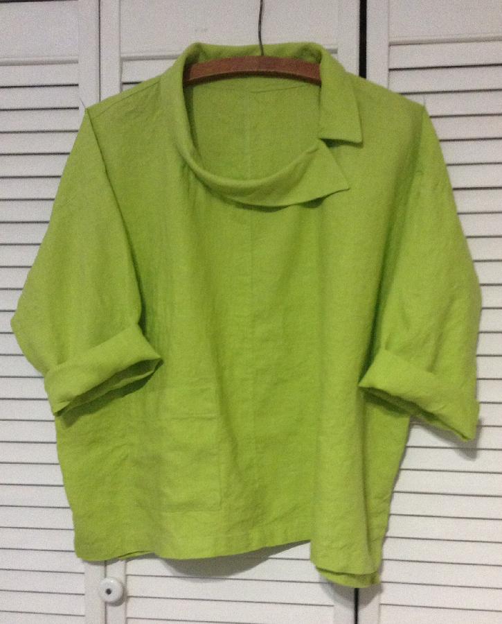 Melissa, Original design using 1C64 Bright Chartreuse linen. Top has asymmetrical, off set collar with one pa...