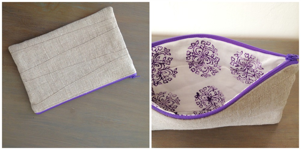 Margaret, This zipper pouch is made from pieced scraps of natural rustic linen on the outside and mid-weight w...