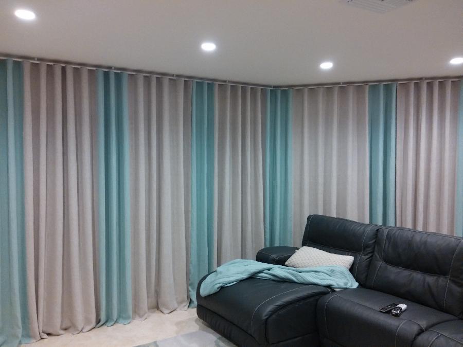 Sandra, Window covering for a combined 12 feet long sliding doors wall. Curtains are made from natural and m...
