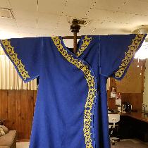 Mongolian War Cote.  Medium weight Royal Blue with lining.  Trim is custom  and appliqued on.