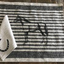 Linned Linen Placemat and Hemstitched Napkin Set Embroidered with. Horse on the Placemat and  Ho...