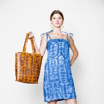 Emily, Indigo Shift Dress: Linen printed with w...
