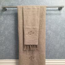 Monogrammed bath and hand towel set out of 4C22 Natural linen using the Fabric Store pattern col...