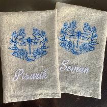 Personalized tea towels for new home closing gifts. This vibrant blue looks gorgeous on the natu...