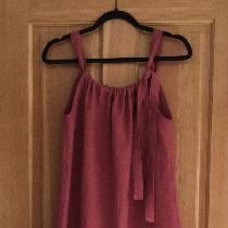 Color: Redwood is a beautiful color!
Self drafted dress, tie straps.