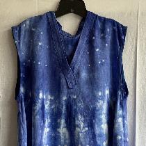 This is the Cameron Dress in linen. Hand dyed by me using shibori pinning techniques and periwin...