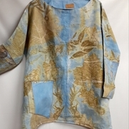 Hand-dyed and Ecoprinted 100% linen, fashioned I to a plus size, 4 season top. Sycamore, black w...