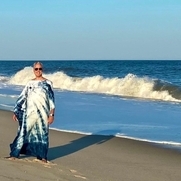 My first Japanese Shibori indigo handkerchief linen caftan that I hand dyed and sewed during the...