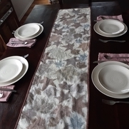 Botanically printed linen table runner. Binding and back in naturally dyed 4C22 natural.  I've f...