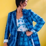 3-piece outfit made with 3 Shibori techniques. Right side of blazer and trousers was stitched an...
