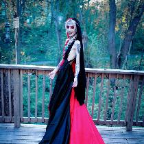 A Harley Quinn inspired wedding dress with layered veil and 8-10 foot train.