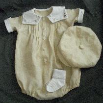 Handkerchief linen romper with embroidered trim and matching cap