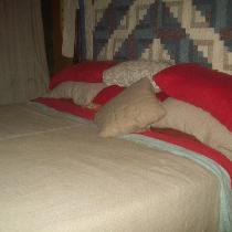 My cozy retreat from the world! Sheets in meadow and red 019, coverlet and shams in tetras jacqu...