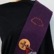 This is a Clergy stole for a Deacon, depicting scenes from Lent/Easter.  The fabric is the heavy...